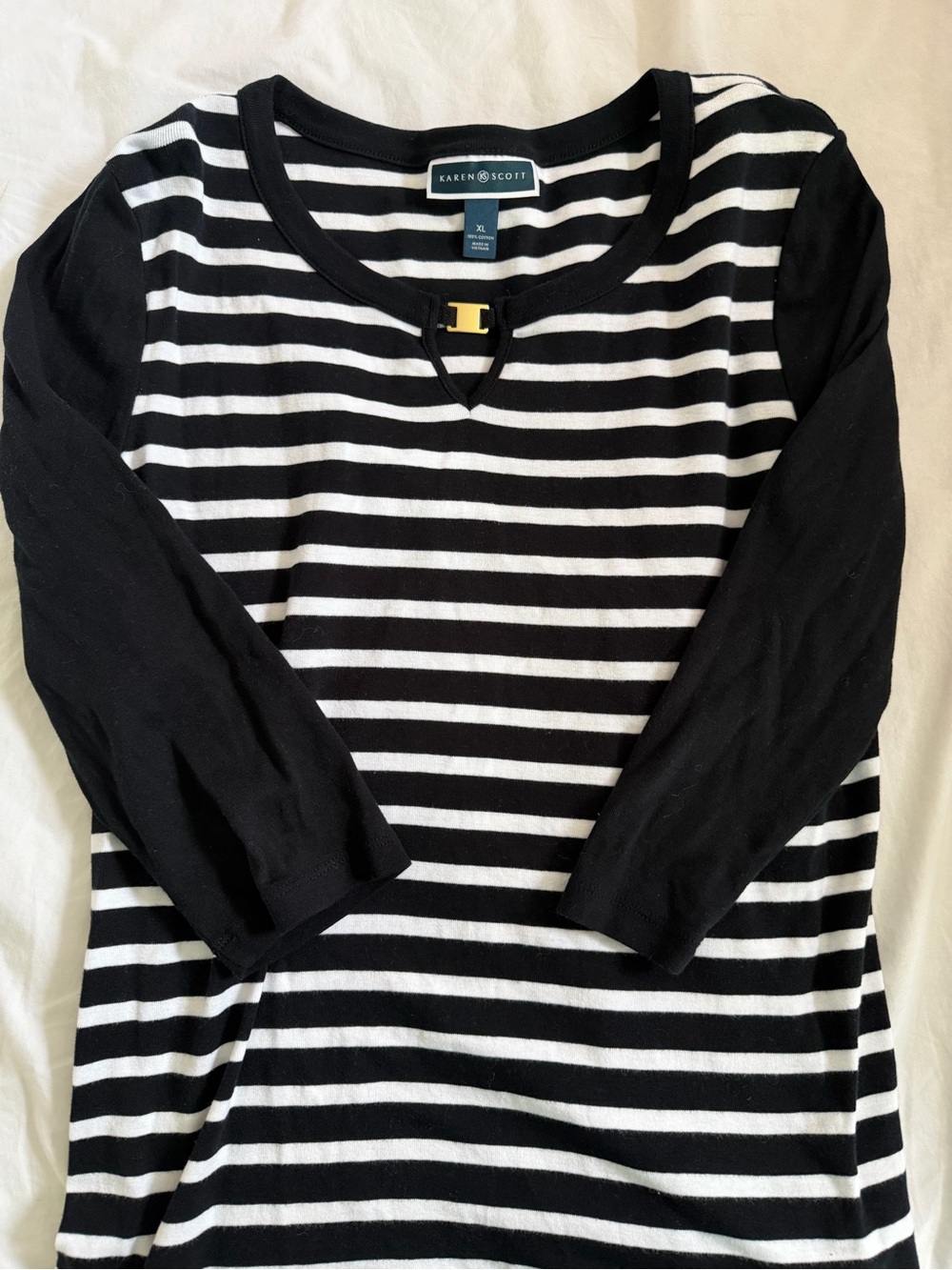 Karen Scott Black & White Striped Long Sleeve Kids Top with Gold Accent